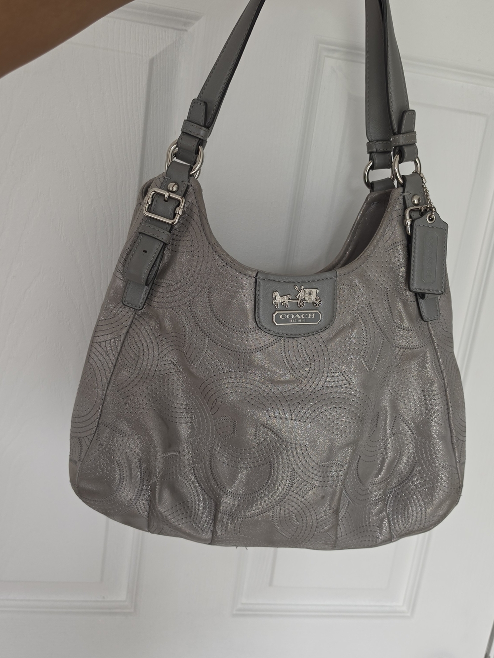 Coach Metallic Gray Embossed Leather Shoulder Bag